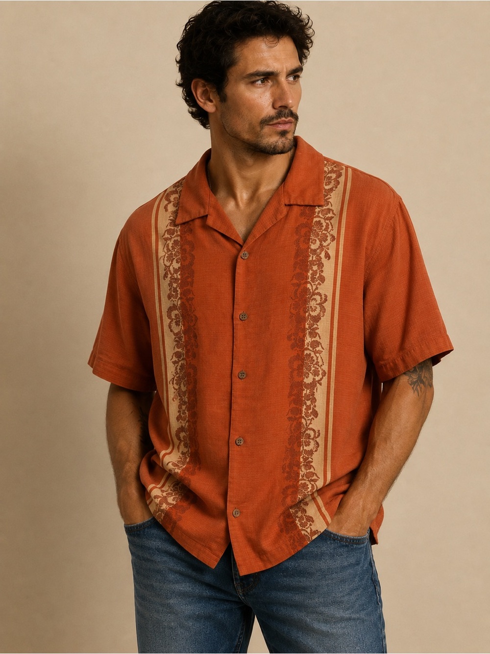 Tommy Bahama Mens Orange Floral Stripe Camp Shirt Short Sleeve Button Up - Large